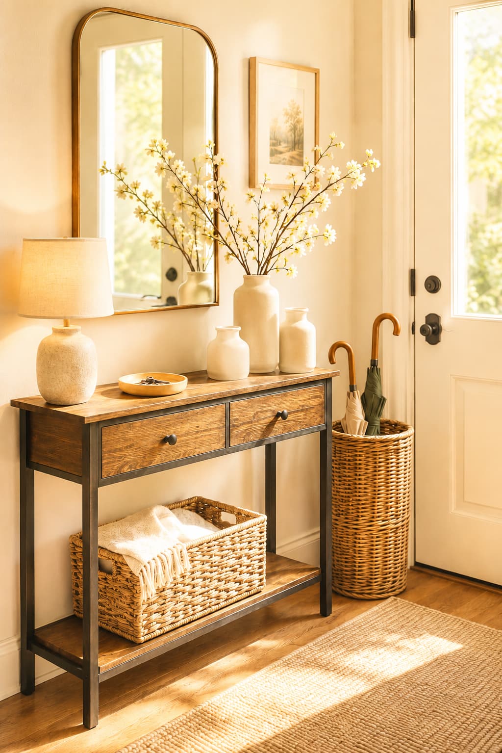 Bright entryway with console table, mirror, baskets and blossom branches