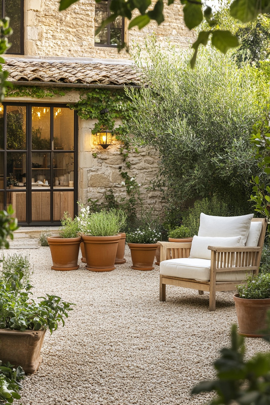 Peaceful garden courtyard with terracotta pots and outdoor seating