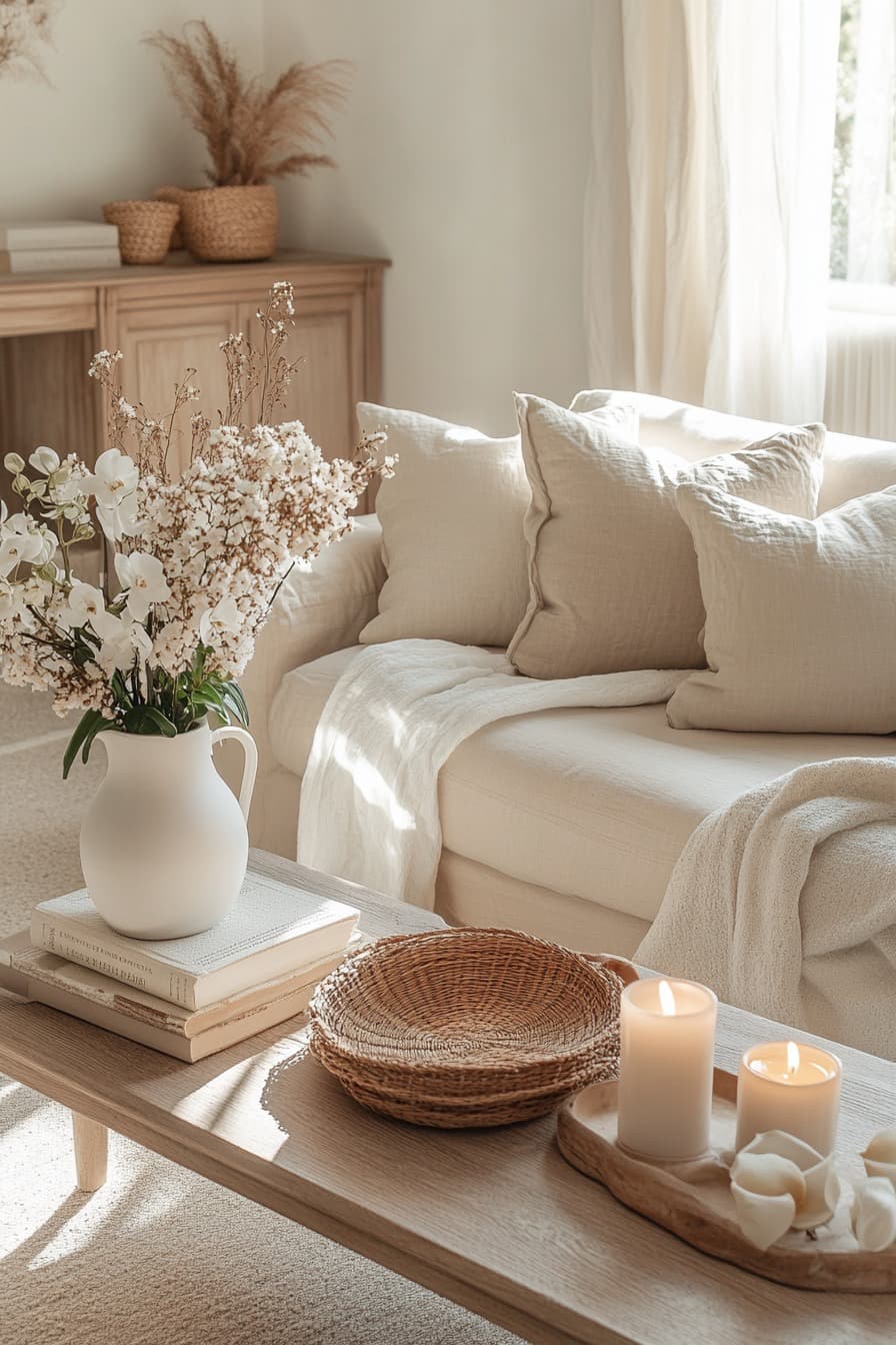 Calm neutral living room with linen cushions and candles