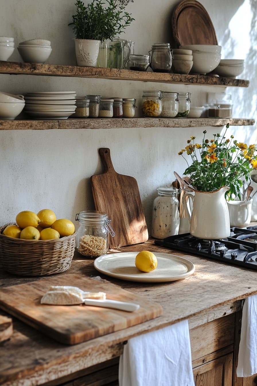 Warm rustic kitchen with open shelves, lemons and wooden worktops